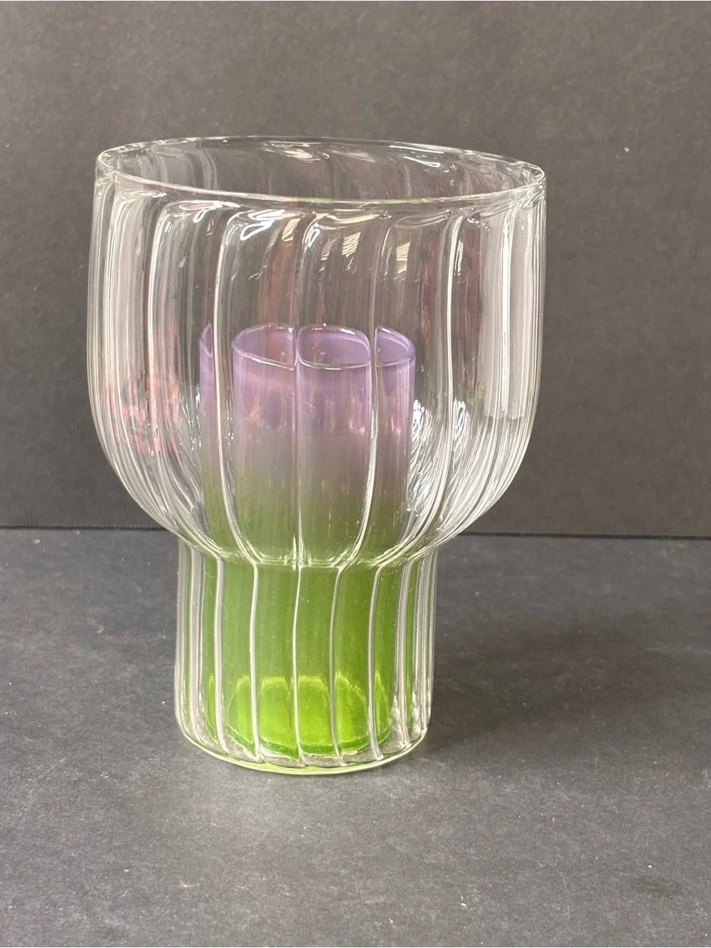 Anthropologie Lucia Neon Glass Vase Fluted Clear Outer Green & Purple Inside NWT